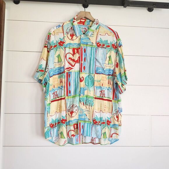 VTG Jams World Hawaiian Shirt Mens XL Bright Abstract Beach Colorful Pocket RARE - Picture 1 of 9